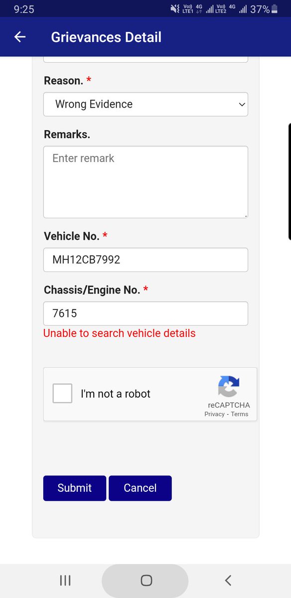 draragarwal's tweet photo. I keep getting this error while submitting the grievance on the app for the last 2 days. Need to get a challan removed as my vehicle is incorrectly tagged. Please help. @PuneCityTraffic https://t.co/iNunbQqaRr