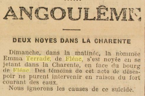 Il y a 94 ans jour pour jour (je l'ai découvert aujourd'hui par hasard), la presse locale relatait le suicide par noyade de la soeur de mon arrière arrière grand-père Emma, âgée de 35 ans.