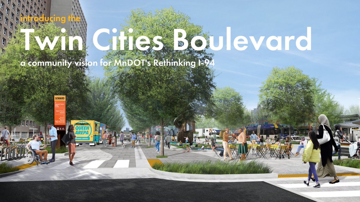 ourstreetsmn's tweet photo. We are excited to announce the Twin Cities Boulevard, a community vision for @MnDOT's Rethinking I-94 project. The Twin Cities Boulevard would repair I-94’s harms and bring racial, environmental &amp; economic justice to surrounding communities. Learn more at https://t.co/yXw32UuRqX https://t.co/rW0s2v3aaW