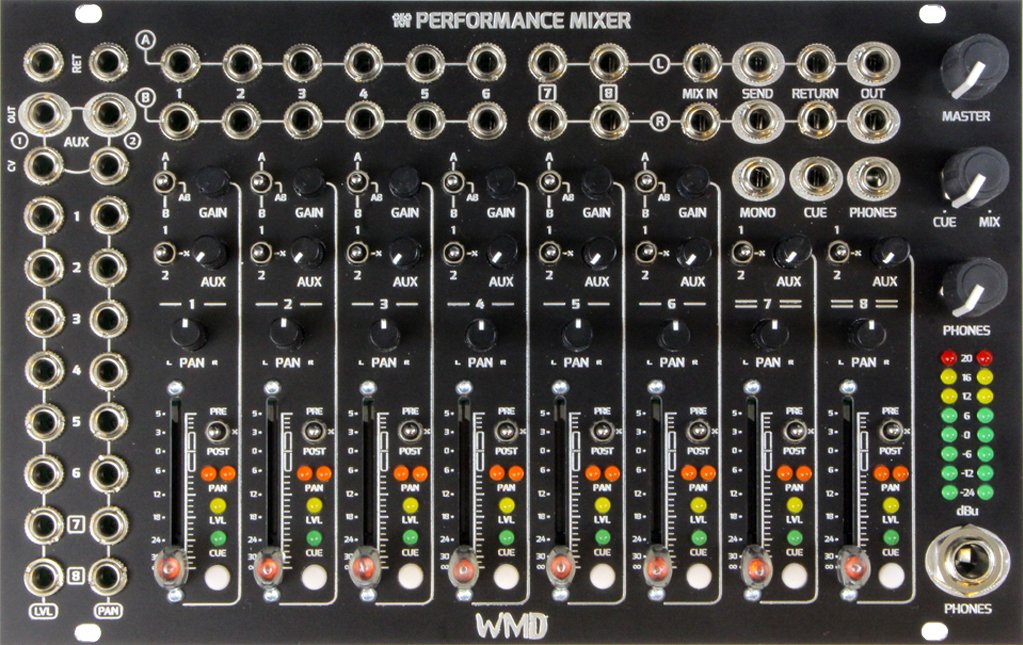 MatttechModular's tweet photo. In stock with us for the first time, the mighty @wmdevices PERFORMANCE MIXER hi-spec audio mixer aimed at live modular jams. 12 mono/2 stereo ins, Cue-mix & PFL, VC-level & pan, 2 switchable Aux sends & more.. PM MUTES also in stock https://t.co/L0yJaKZwCf #eurorack #wmdevices https://t.co/gbn5sO774t