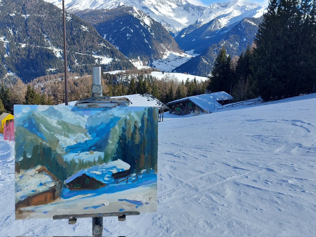 JannesKoetsier's tweet photo. Buiten schilderen op de berg.  Steinach am Brenner.  #pleinair #schilderen #steinach #snow https://t.co/yqasERFip6