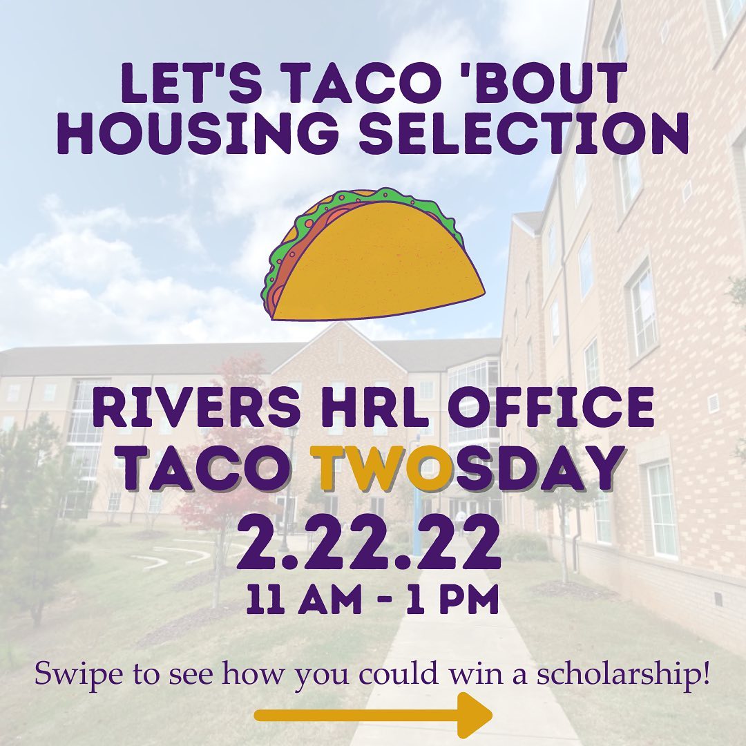 unahrl's tweet photo. Let’s taco ‘bout housing selection! 🌮 If you have questions about our 2022-2023 Housing Selection process, come by the Rivers HRL office from 11-1 today for answers and FREE TACOS!! https://t.co/hVM1i3mZGC
