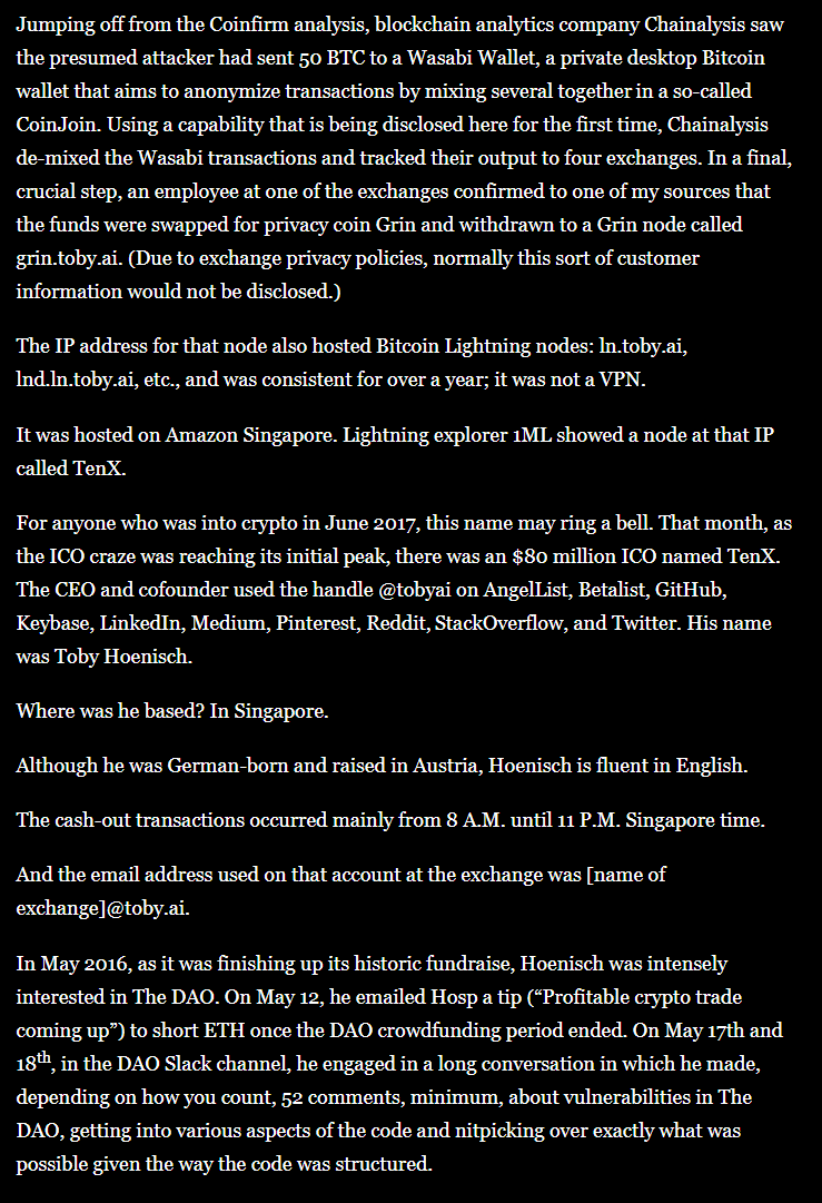 DavidBurkett38's tweet photo. The DAO hacker was identified because:
1. chainalysis can de-mix Wasabi transactions
2. grin requires interactive transactions, which was done via IP address early on (a horrible idea). Fortunately, this has since been replaced by slatepacks (https://t.co/m0naUCilww) https://t.co/dMUYnoHWQA