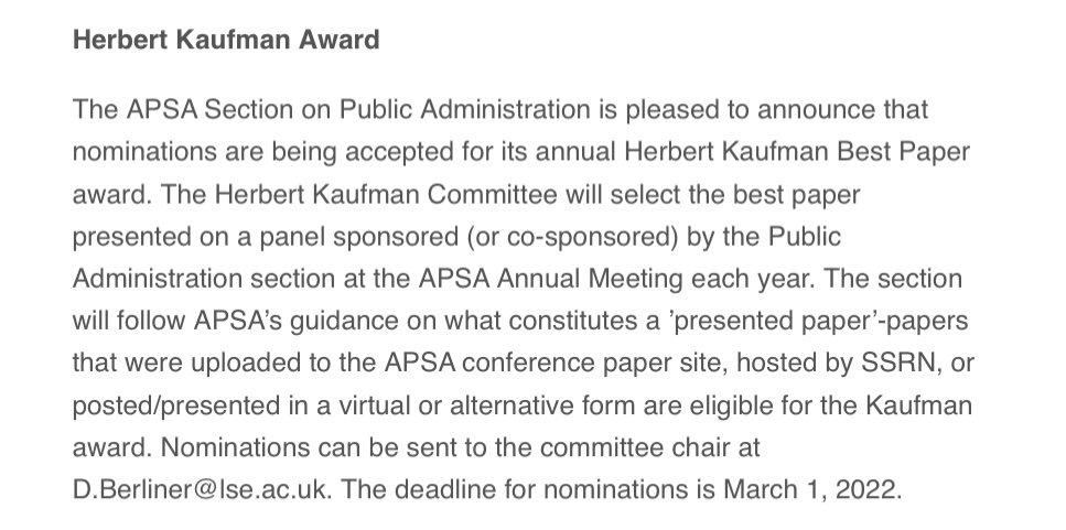 The APSA PA Section (@apsapublicadmin) on Twitter photo Award opportunity from the <a href="/APSAtweets/">APSA</a> <a href="/apsapublicadmin/">The APSA PA Section</a> section 🚨🚨 Send nominations to <a href="/berliner_dan/">Dan Berliner</a> by March 1st! Award opportunity from the <a href="/APSAtweets/">APSA</a> <a href="/apsapublicadmin/">The APSA PA Section</a> section 🚨🚨 Send nominations to <a href="/berliner_dan/">Dan Berliner</a> by March 1st!