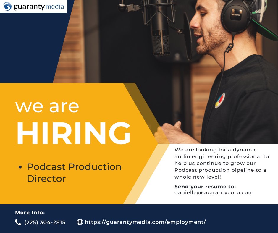 Are you an audio engineer looking to get into the exciting world of Podcasting? Guaranty Media is hiring a Podcast Production Director to help us refine our production process.
Apply at: guarantymedia.com/employment/