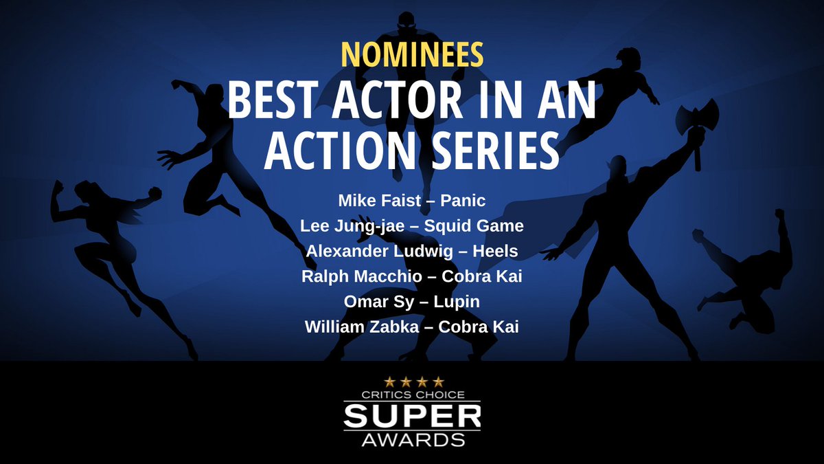 CriticsChoice's tweet photo. #SuperAwards: Congrats to the nominees for #BestActor in an Action Series!

Mike Faist– #PaniconAmazon 
Lee Jung-jae – @squidgame 
@alexanderludwig – @HeelsSTARZ 
@ralphmacchio – @CobraKaiSeries 
@OmarSy – @LupinNetflix 
@WilliamZabka – @CobraKaiSeries 

#CriticsChoice https://t.co/zTiNTv004F