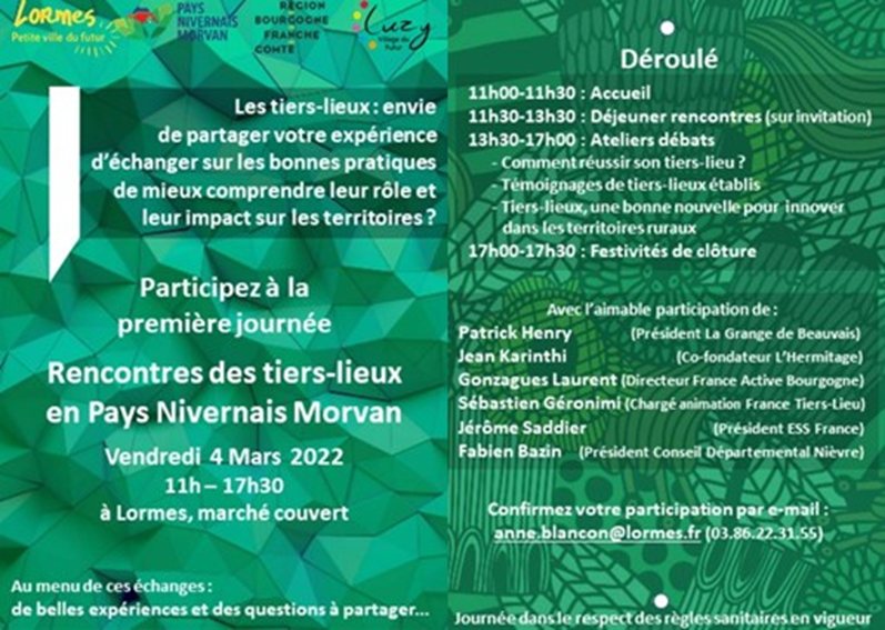 [#tierslieux] Le 04/03, ce sera LA journée des 1/3 lieux en <a href="/PaysNiverMorvan/">PAYS NIVERNAIS MORVAN</a> et ce sera à #lormes. Vous voulez en savoir + sur les exp réussies, avoir des contacts, faire le plein d'idées, c'est le mmt de vous inscrire ! Coorganisé par #fabriquedesterritoires de Lormes + Luzy