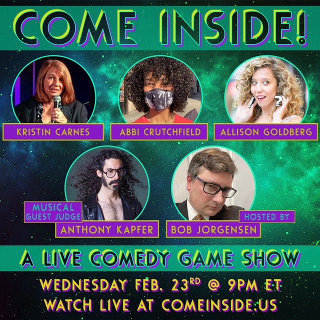ComeInsideUS's tweet photo. We pulling out all the stops for our final show!
@KristinCarnes2, @alli_goldi, and @curlycomedy battle for bragging rights! With *musical* guest judge @AnthonyKapfer !
Wednesday night, 9pm eastern. https://t.co/kf1AGEKUWk