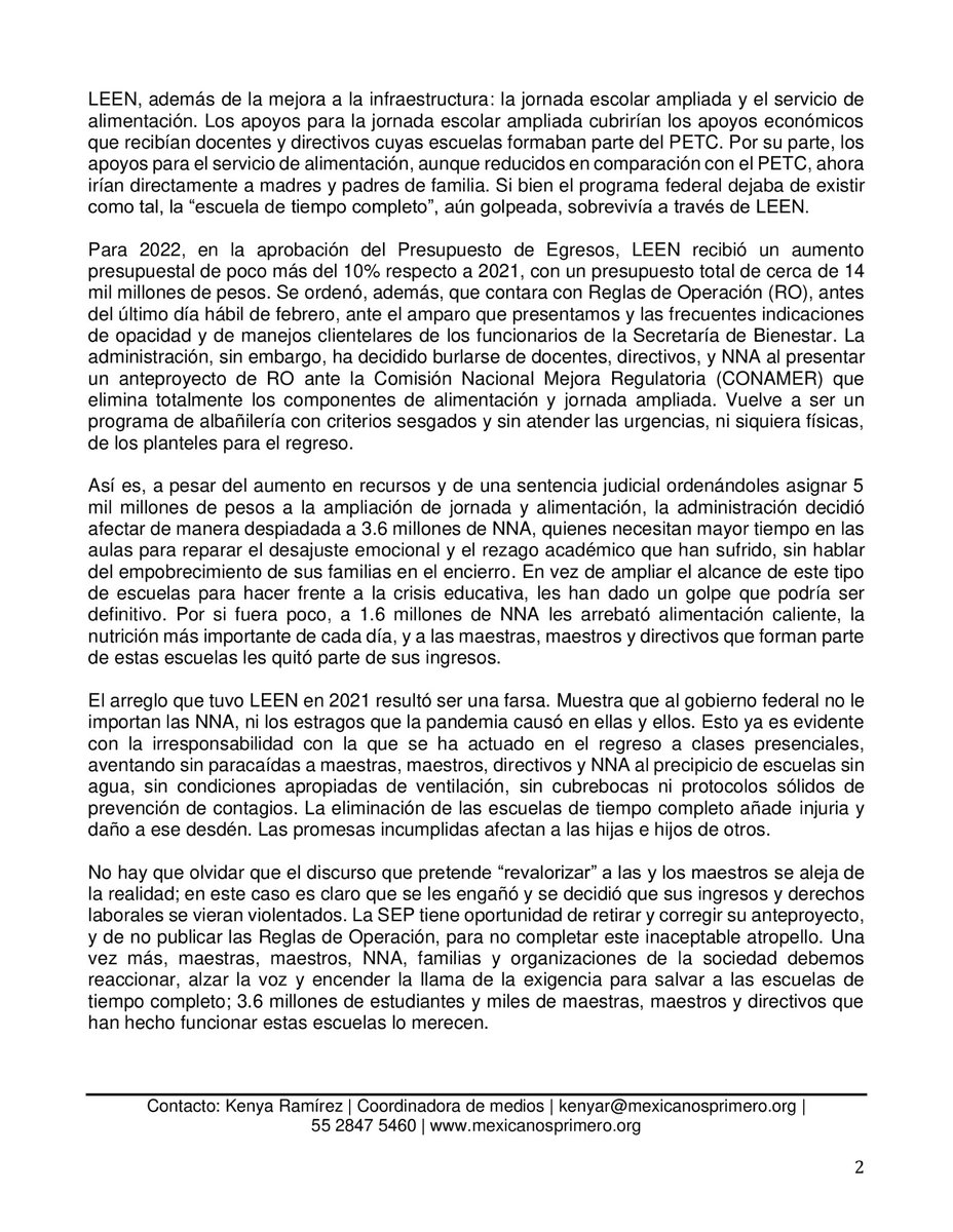 La eliminación de la escuela de tiempo completo del Programa “La Escuela es Nuestra” significa un robo para maestras, maestros y directivos, y muestra un desprecio generalizado a los derechos de niñas, niños y adolescentes.