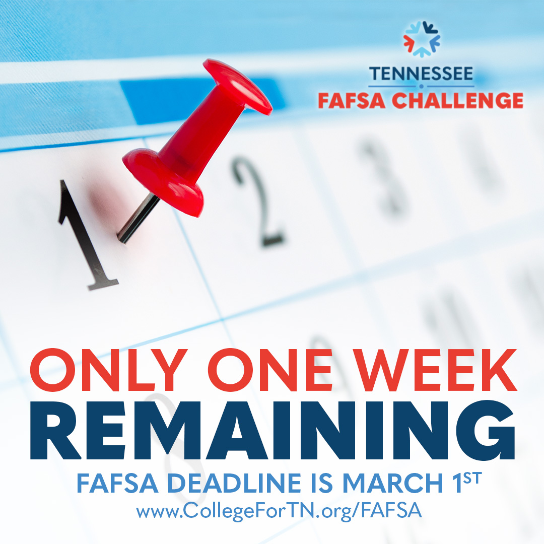 College4TN's tweet photo. ONE WEEK! Stay TN Promise eligible by filing your #TNFAFSA today! https://t.co/0rkuxV09GE