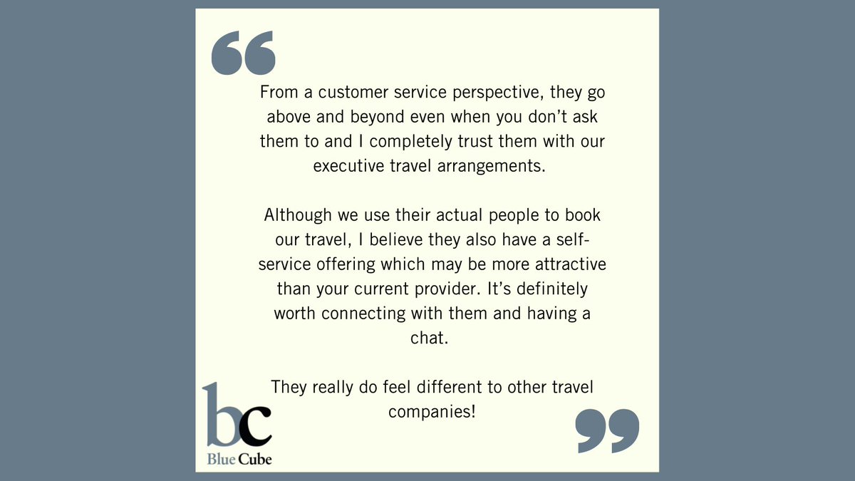‘Word of mouth’ is the strongest kind of recommendation. So how good did we feel when an existing client offered up their vote of confidence in Blue Cube? 

We felt great!

At Blue Cube it’s more than just a booking…

#businesstravel