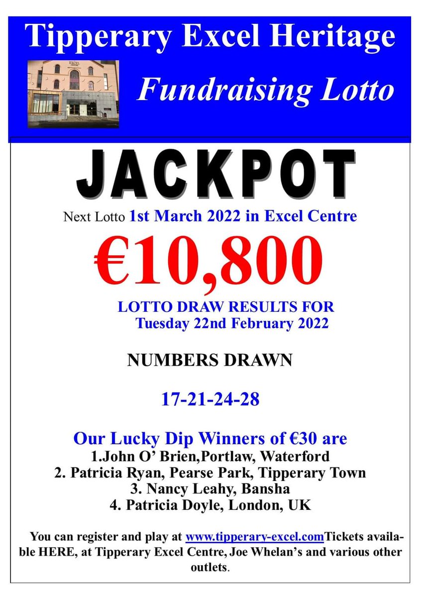 Tipperaryexcel (@tipperaryexcel) on Twitter photo This week's Excel Lotto Draw was not won. Our Jackpot next week will be โฌ10,800. See below for info on our lucky dips. This week's Excel Lotto Draw was not won. Our Jackpot next week will be โฌ10,800. See below for info on our lucky dips.