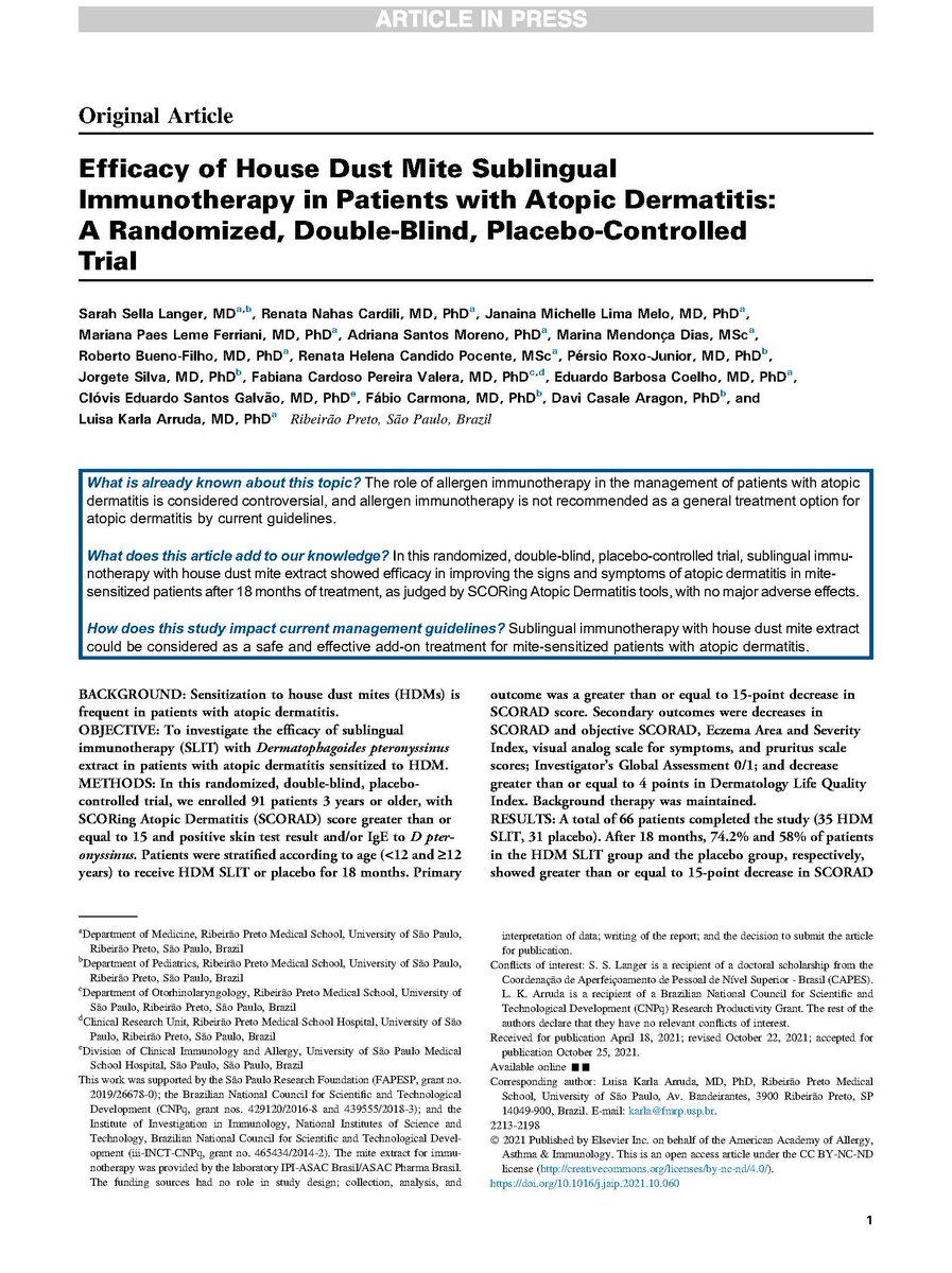 Efficacy of House Dust Mite Sublingual Immunotherapy in Patients with Atopic Dermatitis: A Randomized, Double-Blind, Placebo-Controlled Trial.
#alergias #alergologos 
#dermatitisatopica 

.<a href="/AlergiaDifusion/">Alergias Difusión</a> 
.<a href="/TodoAlergias/">TodoAlergias</a> 
.<a href="/drisabelrojo/">alergia</a> 
<a href="/dr_arablin/">Said Arablin Oropeza</a> 
<a href="/dr_dorbeker/">Raul Dorbeker</a> 
.<a href="/vichistamina/">Victor Gonzalez</a>