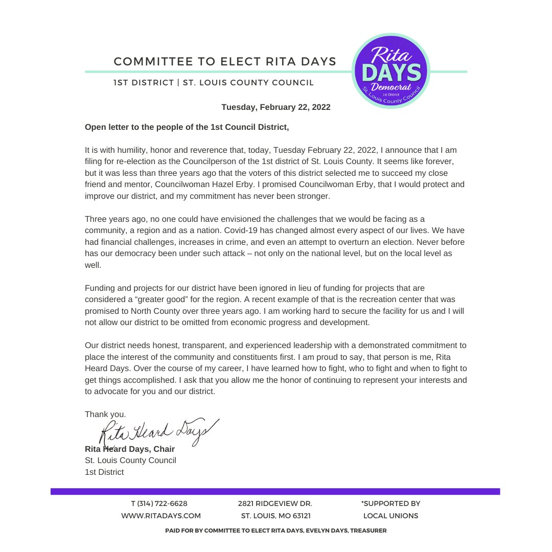 It is with humility, honor and reverence that, today, Tuesday February 22, 2022, I announce that I am filing for re-election as the Councilperson of the 1st district of St. Louis County... 
#ritadays #stlco #stlcounty #stl