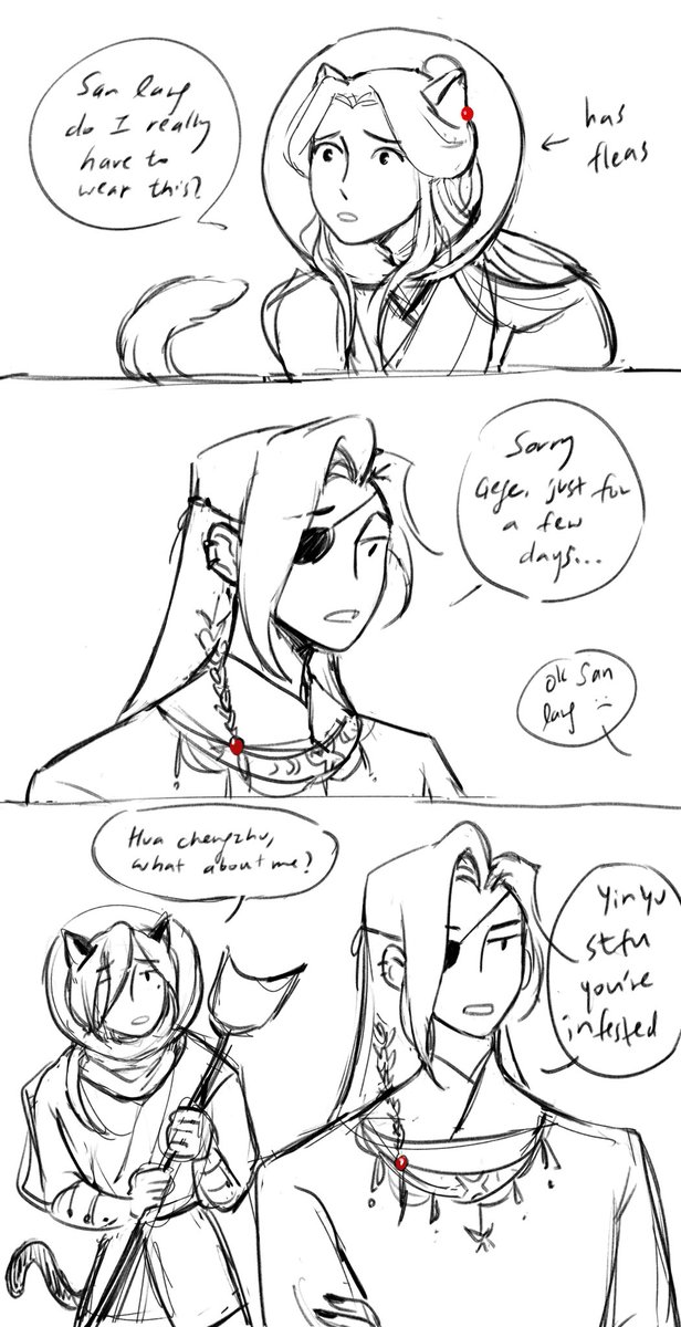 happy nyan nyan day!! based off @/zesprie's comment abt the cursed shackles being cones of shame, except yin yu wouldn't actually have fleas, hua cheng would just make him wear one to help xie lian feel less embarrassed 