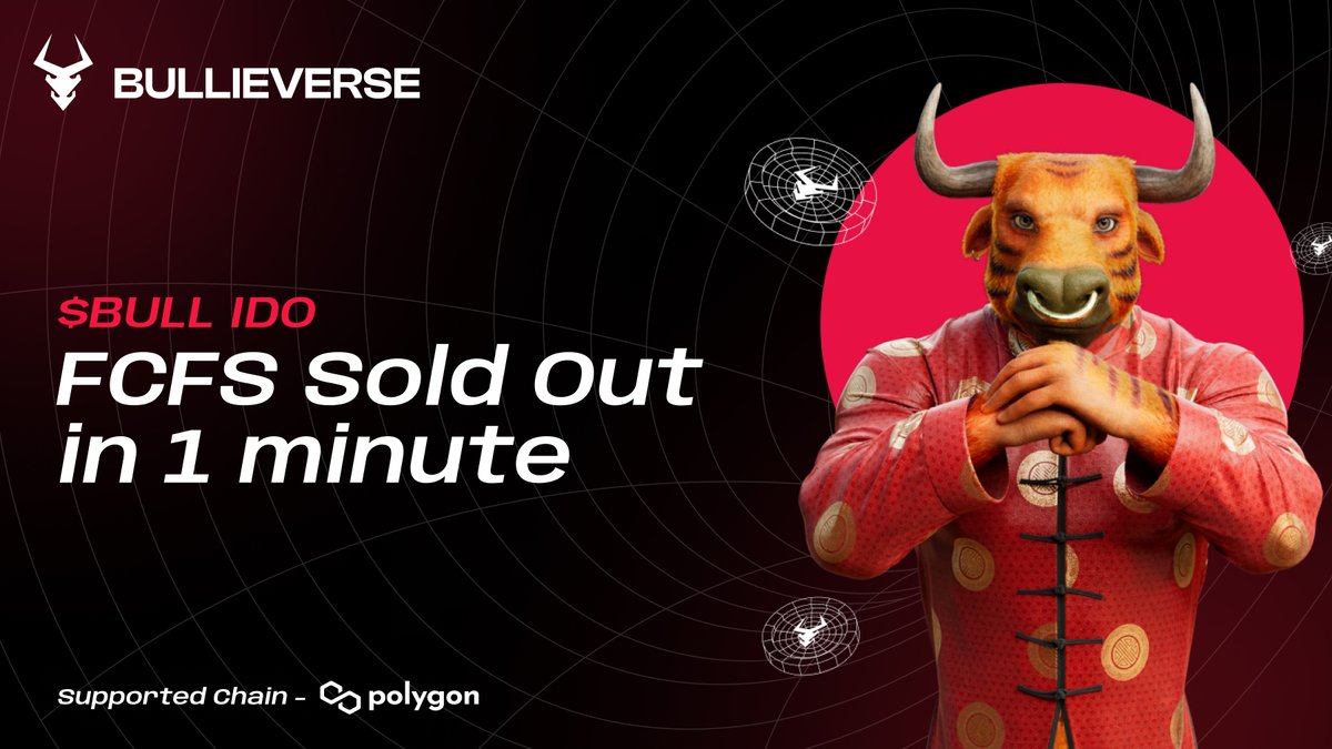 🏝Bullievers have claimed their throne🏝

The exclusive $BULL IDO FCFS for our NFT HODLers has been successfully SOLD OUT in 1 minute! 🔥🎉

Thank you for participating in $BULL IDO and FCFS Sale. We will share updates regarding #TGE &amp; Distribution Time shortly! 🥳
#SoldOut #IDO