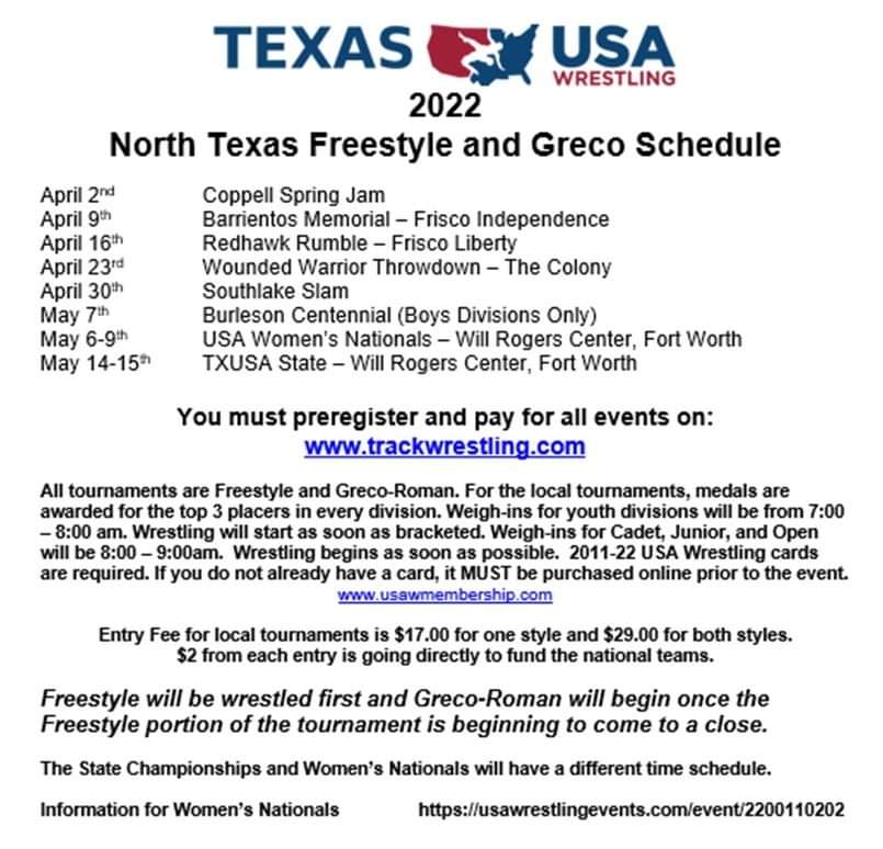 Spring Freestyle/ Greco tourney schedule in DFW area