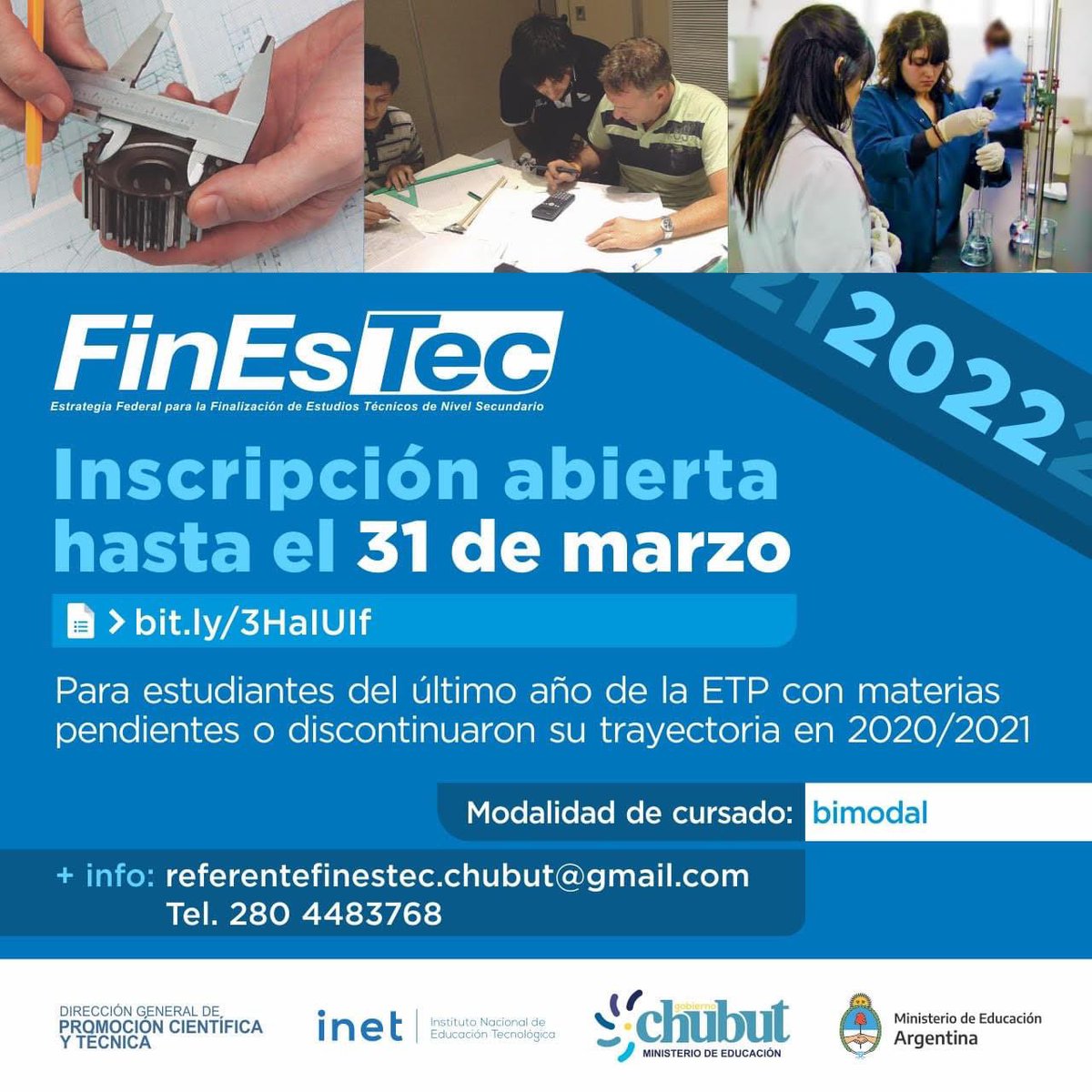 #EducaciónTécnica 
#FinEsTec 

¡Anotate!

FinEsTec es un programa de acompañamiento pedagógico a estudiantes de último año de la ETP de Nivel Secundario que no completaron la titulación o discontinuaron su trayectoria en 2020 o 2021.

+ info: bit.ly/3sTBiF0