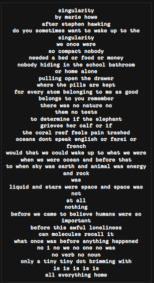 LordTruffington's tweet photo. Today I gave words to one of my Origins (#6AF2).
As I have often mentioned I am not a creative soul (and certainly not a poet) so it's been hard to think about what to write. In the end I decided to use a beautiful poem by Marie Howe called "Singularity" ❤️❤️❤️ https://t.co/XS6L3Zbc8J