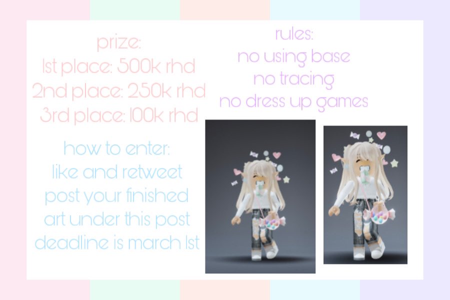 iHugBahii's tweet photo. ROYALE HIGH DIAMOND ART CONTEST 🍭💗

draw my avatar in the pictures provided

(more info in photo) https://t.co/aYdSufwkP6