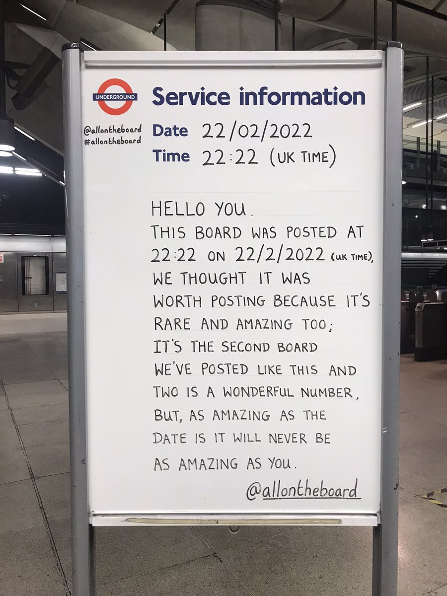 allontheboard's tweet photo. Hello You.
This board was posted at 22:22 on 22/02/2022 (U.K. Time), we thought it was worth posting because it’s rare and amazing too;
It’s the second board we’ve posted like this and two is a wonderful number, but, as amazing as the date is it will never be as amazing as you. https://t.co/UocV7tKtjr