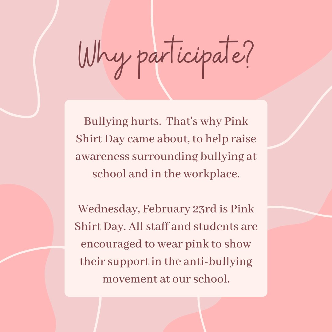 bressaniSAC's tweet photo. Attention Eagles! Tomorrow is Pink Shirt Day! Make sure to wear a Pink top to show your support and raise awareness against bullying! 💕 https://t.co/x4CPfuerUz