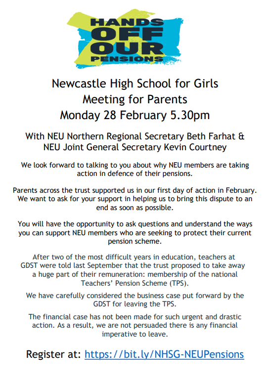 BethFarhatNEU's tweet photo. Good luck to all @neunion members taking strike action at this week. Newcastle High School for Girls will be out again on the 1st 2nd 3rd of March @NEUnorthern are organising a parents meeting the evening before. #StopFireRehire #23Together Register at: https://t.co/XvgNP1guD2 https://t.co/3WO3T5ZTha
