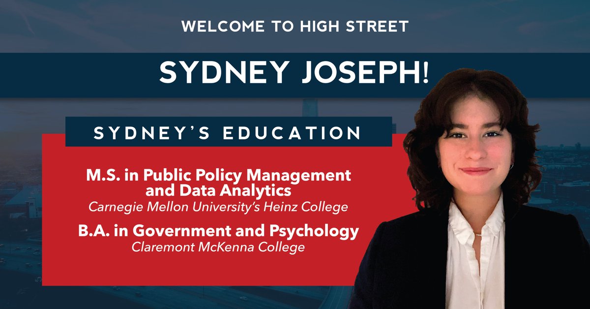 HighStreetHSC's tweet photo. Today we welcome Sydney Joseph to High Street! Sydney comes to us from Allegheny County's Office of Analytics, Technology &amp; Planning where she was a data analyst. She has an M.S. in Public Policy Mgmt. from Carnegie Mellon’s Heinz School of Information Systems and Public Policy. https://t.co/KxnzsqskRN