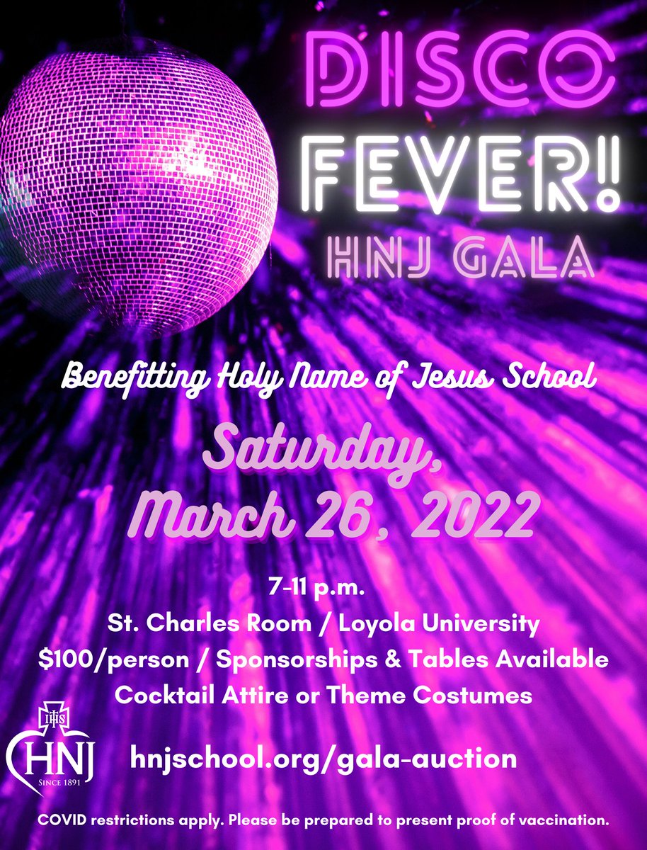 hnjschool's tweet photo. We are thrilled to bring back the HNJ Gala this year with “Disco Fever - HNJ Gala 2022” on Saturday, March 26, from 7-11 p.m. in the St. Charles Room at Loyola University.  

Buy Tickets: https://t.co/sioHeyqcMs https://t.co/Tkr3nPnprk