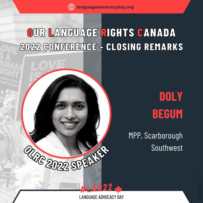 Up now - closing remarks from our friend, <a href="/DolyBegum/">Doly Begum</a> , an incredible champion for #LanguageAccess for all Canadians. It's an honor to keep working with younudge the changes required to provide equitable, timely access to quality information + services for all! #LAD22