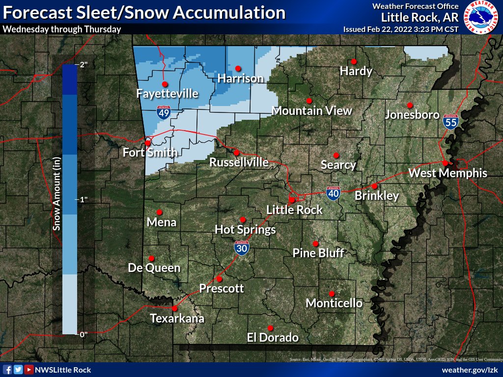 *Winter Storm Warning for the northern 1/3 of AR
*Winter Weather Advisory for many counties in central AR. 
*Wednesday through Thursday
*Ice accumulations of 1/4"-1/2" with higher amounts up to 1" possible in the warning area
Follow your #arwx  NWS offices for the latest info