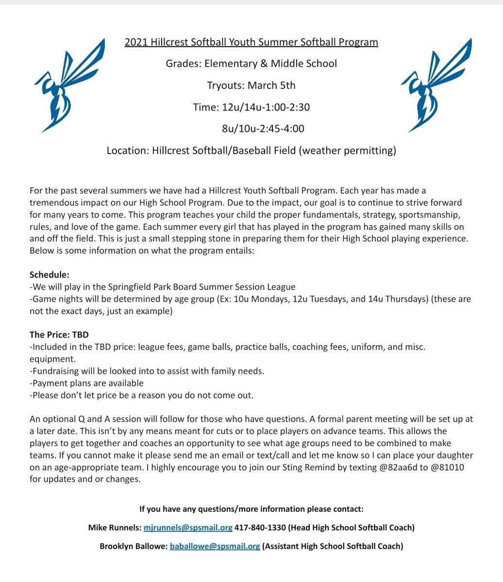Hillcrest Youth Summer Softball Info: