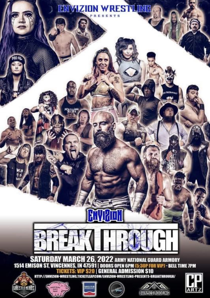 WeAreEnvizion's tweet photo. Here’s the official poster for Envizion Wrestling presents BREAKTHROUGH on March 26 in Vincennes, Indiana! Get your tickets now! https://t.co/HvDgiWZ2DU