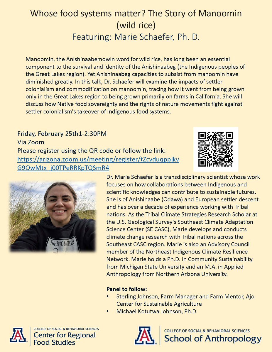 3 days left to register for Whose food systems matter? The Story of Manoomin (wild rice).

This virtual event will be on Friday, February 25th at 1PM AZ time. 
Register here:arizona.zoom.us/meeting/regist…