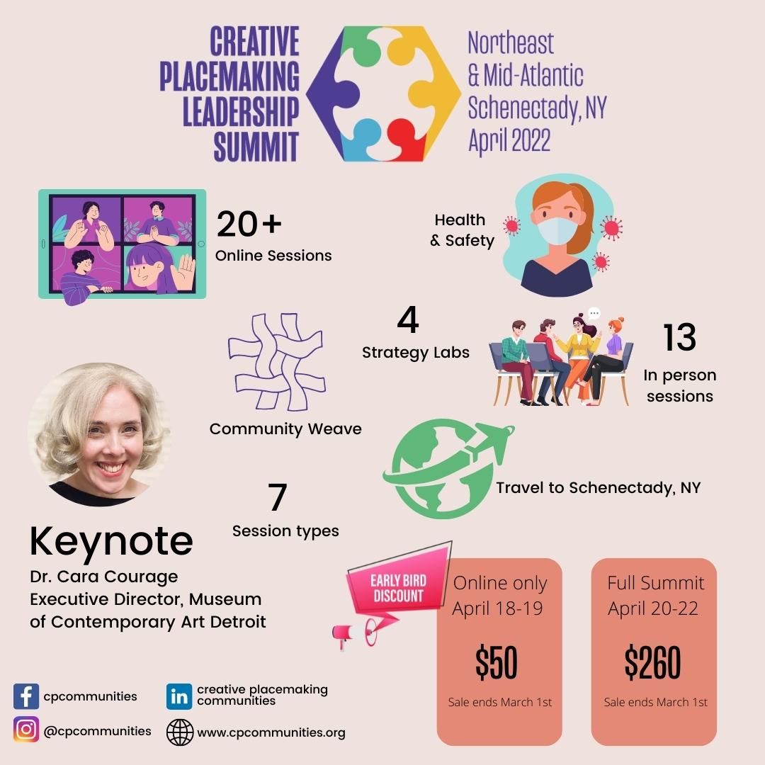 smallwander's tweet image. The Northeast and Mid-Atlantic Creative Placemaking Leadership Summit is happening soon. Early bird registration ends on March 1st so don't wait! Go to tinyurl.com/NEMA2022 to register or cpcommunities.org to learn more!