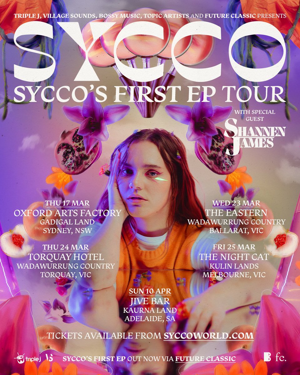 !! The EP tour is ON 💛 @shannenjames will be joining us for these shows 🦋 PS Adelaide, we have had to change the date to April 10th x tickets on sale here!!! syccoworld.com/tour
