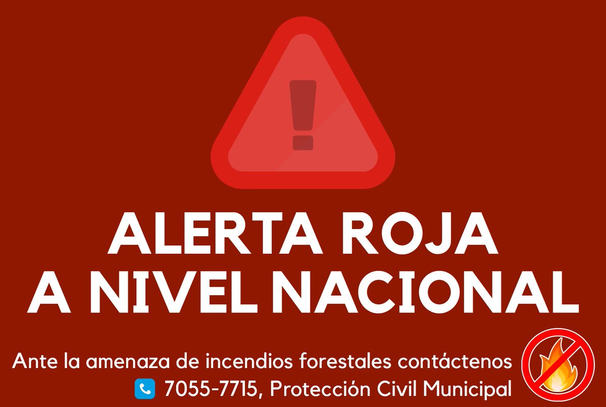 Alcaldía Municipal de Tonacatepeque (@tonacamunicipal) on Twitter photo 🚨Solicitamos a nuestra población atender las recomendaciones de <a href="/PROCIVILSV/">Protección Civil de El Salvador</a> y <a href="/BomberosSV/">Bomberos El Salvador 🧑🚒🚒🇸🇻</a>, ante la emisión de #AlertaRoja por la amenaza de incendios forestales.
❌🔥Evita realizar quemas de maleza y basura que puedan salirse de control.
#NoMásFuego 🚨Solicitamos a nuestra población atender las recomendaciones de <a href="/PROCIVILSV/">Protección Civil de El Salvador</a> y <a href="/BomberosSV/">Bomberos El Salvador 🧑🚒🚒🇸🇻</a>, ante la emisión de #AlertaRoja por la amenaza de incendios forestales.
❌🔥Evita realizar quemas de maleza y basura que puedan salirse de control.
#NoMásFuego
