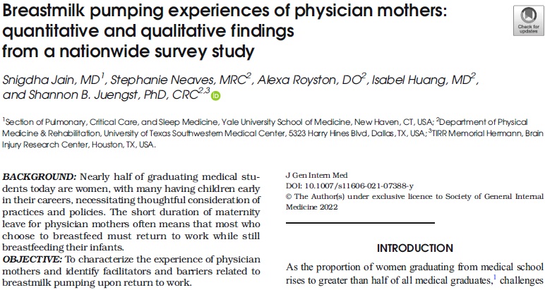 JournalGIM's tweet photo. Physician mothers need flexibility in scheduling, adjusted productivity targets, and clean, private, and well-equipped pumping rooms to thrive while working and #breastfeeding. @ShannonJuengst @snigdhajain89 @alexaroyston_DO @DrIsabelHuang @stephneaves https://t.co/wC74iSW8em https://t.co/igZKQMiDdk