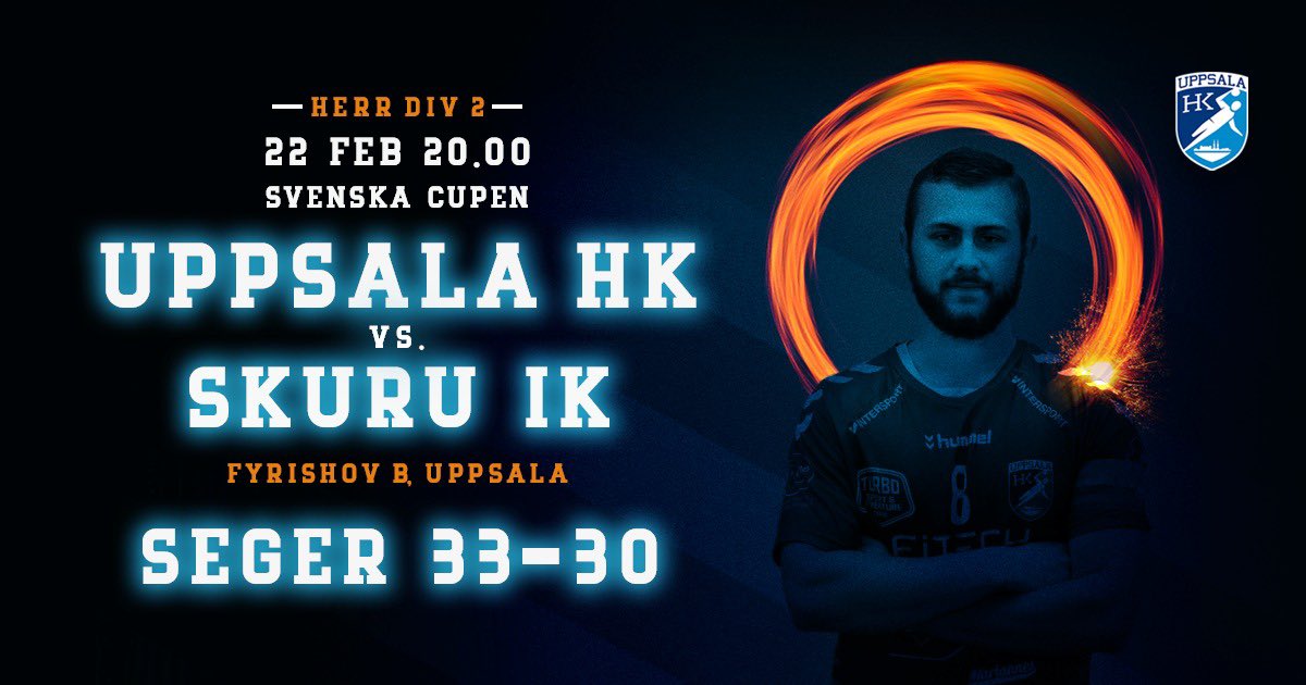 ATG Svenska cupen omgång 34💥SEGER 33-30💥 mot div 1-laget Skuru 💪🏼💙💪🏼
De tre shoot-out straffarna sattes och jämn kamp fram till halvlek 17-18. 
Skuru ryckte i början på andra halvlek, men Uppsala kontrade med fyra raka! B-hallen kokade och Uppsala höll undan.