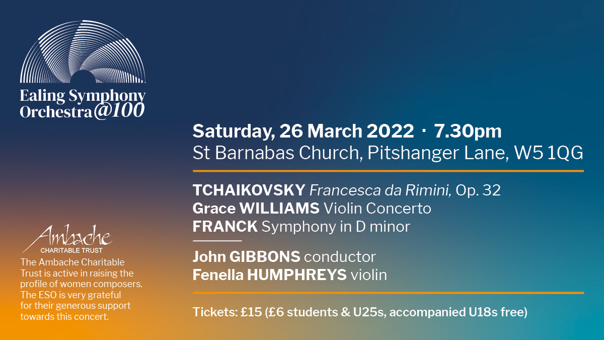 Ealing Symphony Orchestra (@ealingso) on Twitter photo The wonderful Ealing home-grown Fenella Humphreys joins us for a performance of Grace Williams’s Violin Concert. A rare opportunity not to be missed!
<a href="/fhvln/">Fenella Humphreys</a> <a href="/GraceTrumpet/">Grace Williams</a> <a href="/Barnabites/">St Barnabas Ealing</a> <a href="/BMusicSociety/">British Music Society</a>
ealingso.org.uk/whats-on/20220… The wonderful Ealing home-grown Fenella Humphreys joins us for a performance of Grace Williams’s Violin Concert. A rare opportunity not to be missed!
<a href="/fhvln/">Fenella Humphreys</a> <a href="/GraceTrumpet/">Grace Williams</a> <a href="/Barnabites/">St Barnabas Ealing</a> <a href="/BMusicSociety/">British Music Society</a>
ealingso.org.uk/whats-on/20220…