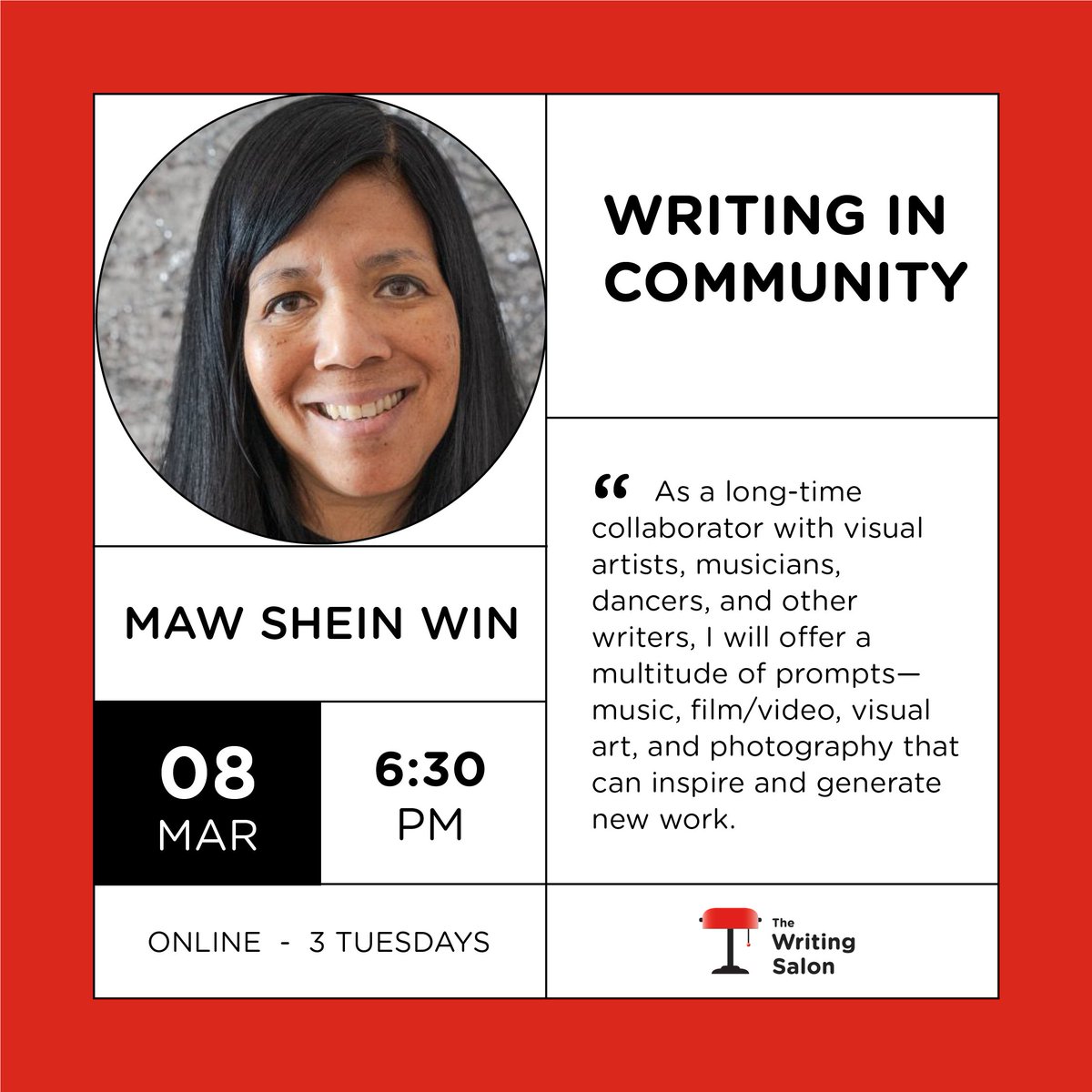 WritingSalon's tweet photo. Join @mawsheinwin 's upcoming class, "Writing in Community," to energize your writing with experimentation, collaboration, and artistic exploration.
https://t.co/CSFY6jasnJ https://t.co/zSrASSIYsX
