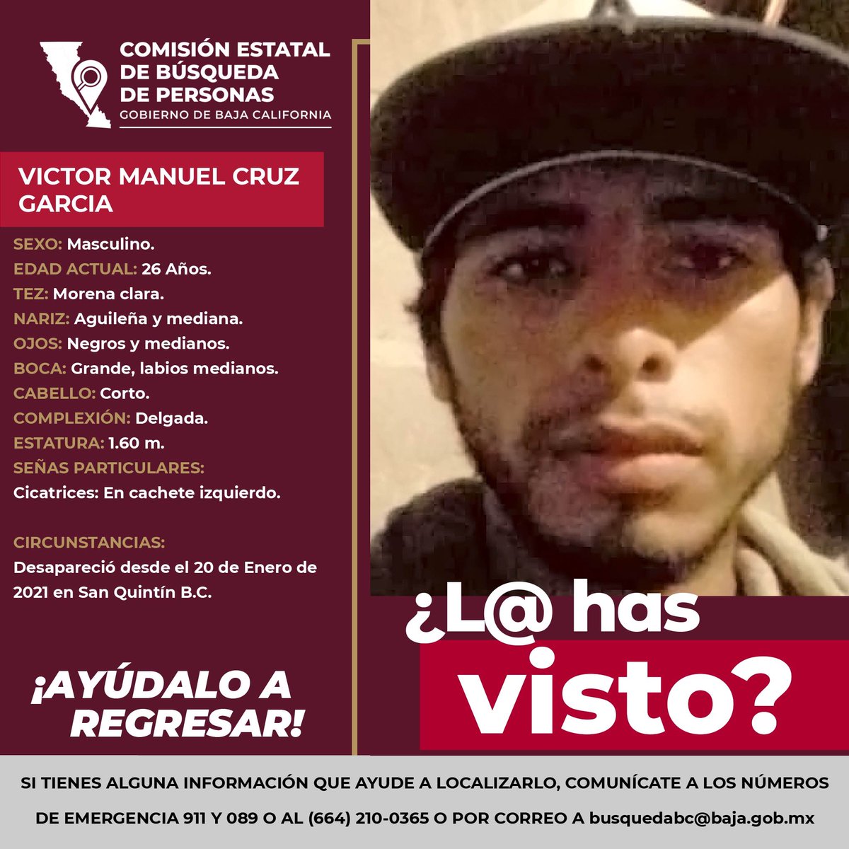 CEBPBC's tweet photo. Solicitamos tu apoyo para localizar a VÍCTOR MANUEL CRUZ GARCÍA, comunícate con nosotros. #compartelo ¡Tu colaboración es muy importante! #ayúdaloaregresar #busquedapersonasdesaparecidas #busqueda_mx #desaparecido @Busqueda_MX https://t.co/q9Q0BsNtta