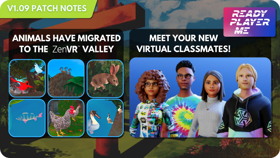 ZenVRapp's tweet photo. V1.09 Patch is LIVE on all platforms! @SideQuestVR

@readyplayerme avatars and wildlife have come to the ZenVR™ valley. 
 
Patch Notes: https://t.co/6Zvu2IJhlh

#ZenVR #MeditationBeyondRelaxation https://t.co/8t2gNgClIR