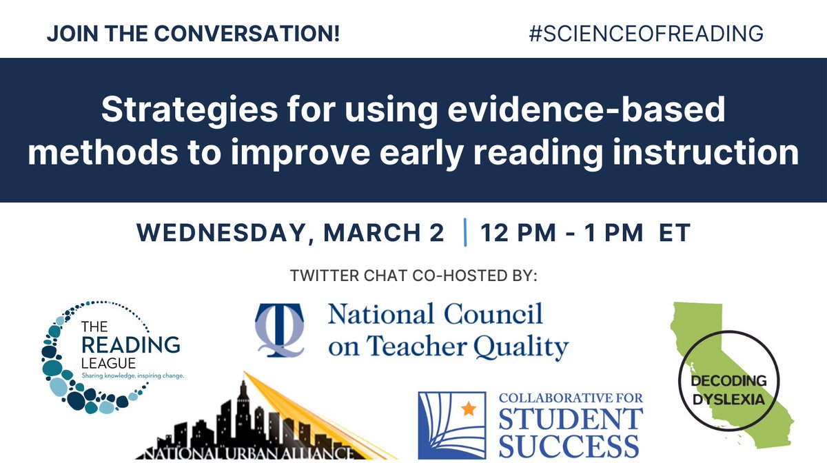 Join us on Wed., March 2 at 9 a.m. PT for a live chat with <a href="/NCTQ/">NCTQ</a>, <a href="/reading_league/">The Reading League</a>, <a href="/StudentSuccess/">Collaborative for Student Success</a>, and <a href="/NUATC/">Natl Urban Alliance</a> as we discuss strategies for ensuring current &amp; aspiring elementary teachers are trained on early reading instruction using evidence-based methods. #scienceofreading