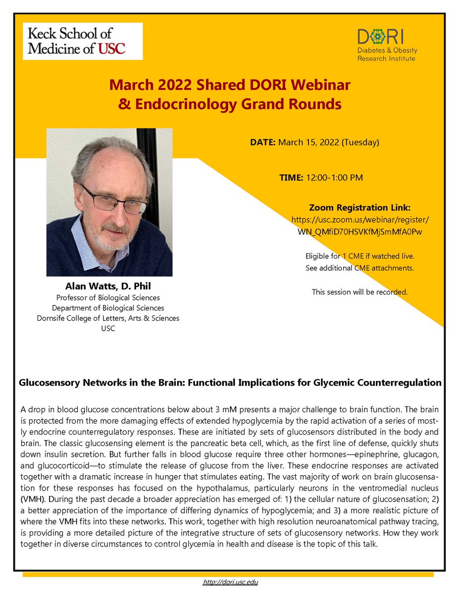 USC_DORI's tweet photo. March 2022 Shared DORI Webinar &amp; Endocrinology Grand Rounds- Alan Watts, D. Phil

Glucosensory Networks in the Brain: Functional Implications for Glycemic Counterregulation

DATE:
March 15, 2022 (Tuesday) 

TIME: 12:00PM-1:00PM

Zoom registration link: https://t.co/QiE21RLdUM https://t.co/rcXPAHoi2Z