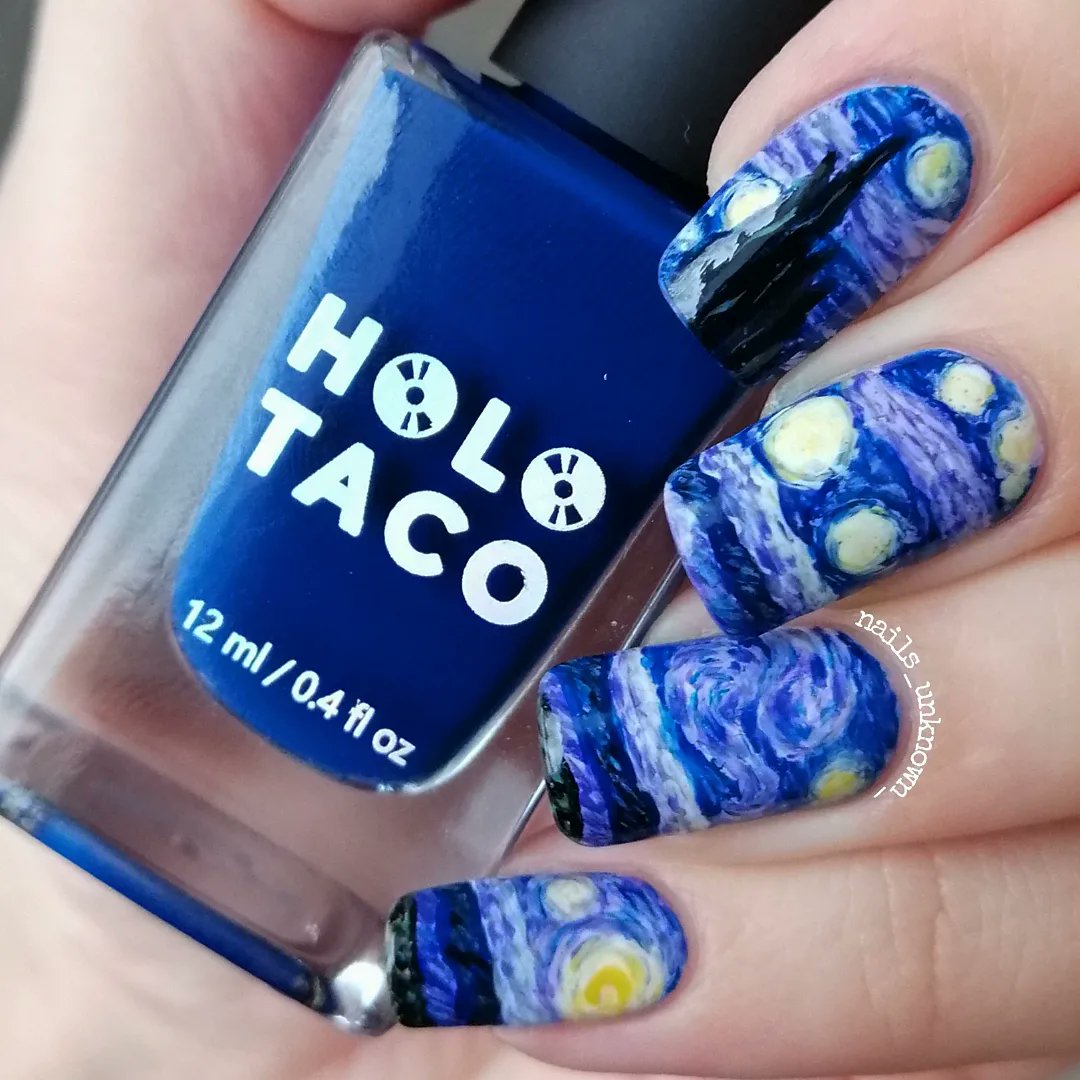 nails_unknown_'s tweet photo. A Shimmery Winter Night 🌌
.
Finally bought myself a @holotaco collection box and this is the first nail art i did with it: a take on Vincent van Gogh's "Starry Night" ⭐💙 https://t.co/IXRHDatAqu