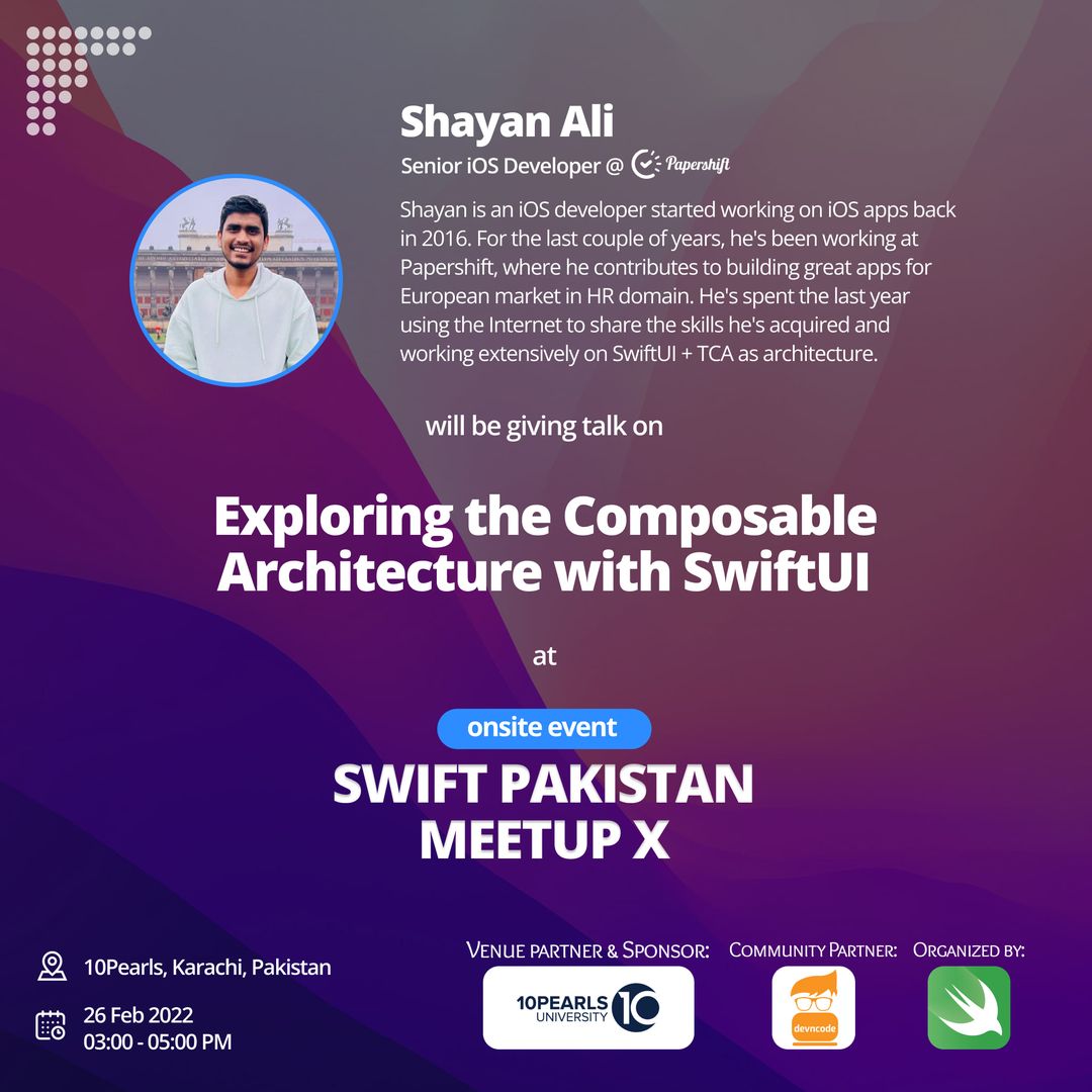 imrblu's tweet image. So incredibly excited to speak at Swift Pakistan
Please come find me and the rest of the Swift Pakistan team.
#SwiftPakistan #SwiftUI #TCA #Functionalprogramming