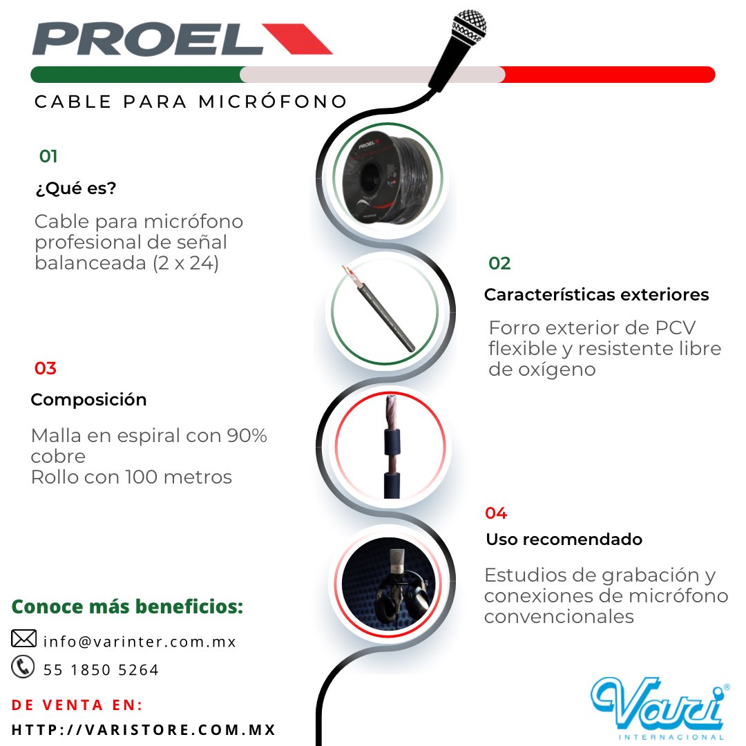 🎤 Familiarízate con el cable para micrófono balanceado profesional de origen italiano

✅ Señal balanceada (2x24)
✅ Forro exterior de PCC flexible y resistente libre de oxígeno 
✅ Malla en espiral con 90% cobre 
✅ Rollo con 100 metros