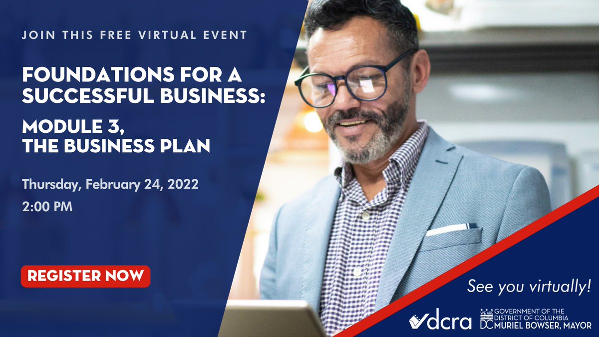 dcra's tweet photo. Join DCRA’s SBRC for our next virtual workshop, Foundations for a Successful Business: The Business Plan, for a discussion on the elements of a business plan and how to use it as a tool for seeking financing for your business. https://t.co/wHtqFbj5uv https://t.co/d6wLPKxR3g