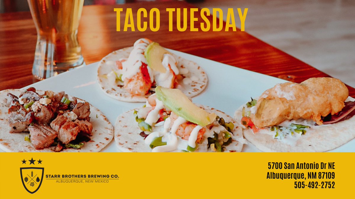 Taco Tuesday - How good does a taco sound? Each taco $3.50 Chicken, Fish, Carne Adovada, Steak, Veggie&gt;&gt;Each Taco $3.50 🌮🍻⭐️ #tacosandbeers #craftbeer #nmbreweries #abqbreweries #bestbreweryABQ #drinklocalabq #ABQCraftBeer #TacoTuesday #happytwosday ow.ly/WaxM50HCvSg